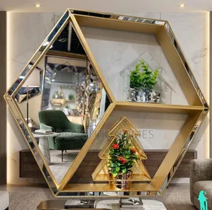 Luxury Gold Hexagon Wall Mirror With Display Shelves_tt
