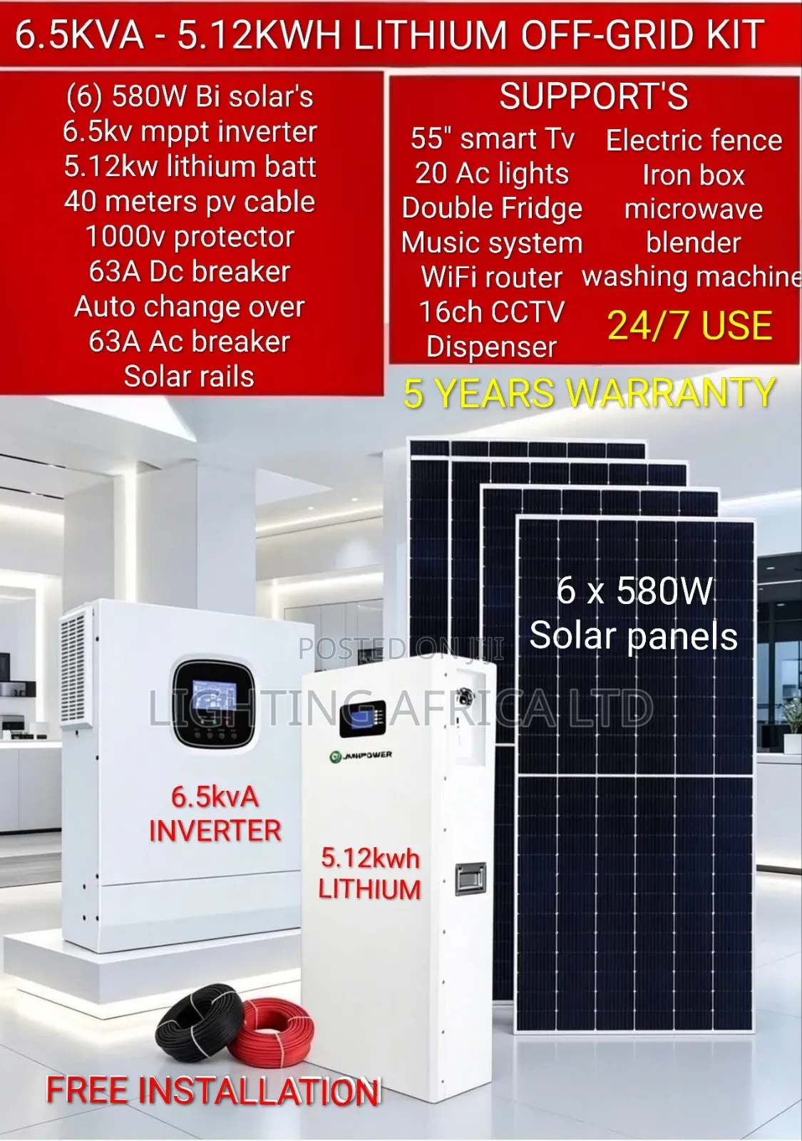 Home Off-Grid 6.5kva Inverter - 5.12kwh Lithium -(6)580w Solar Package