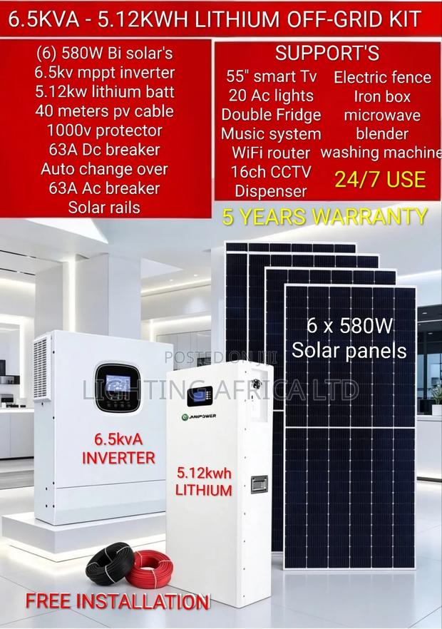 Home Off-Grid 6.5kva Inverter - 5.12kwh Lithium -(6)580w Solar Package