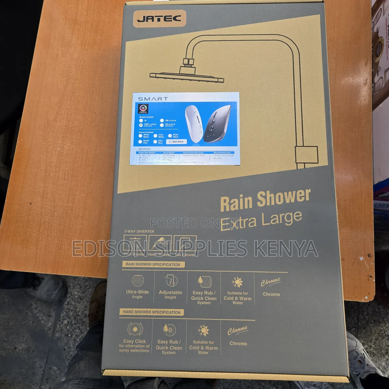 Jatec Rainshower Black Instant Shower Tankless Water Heater Overhead
