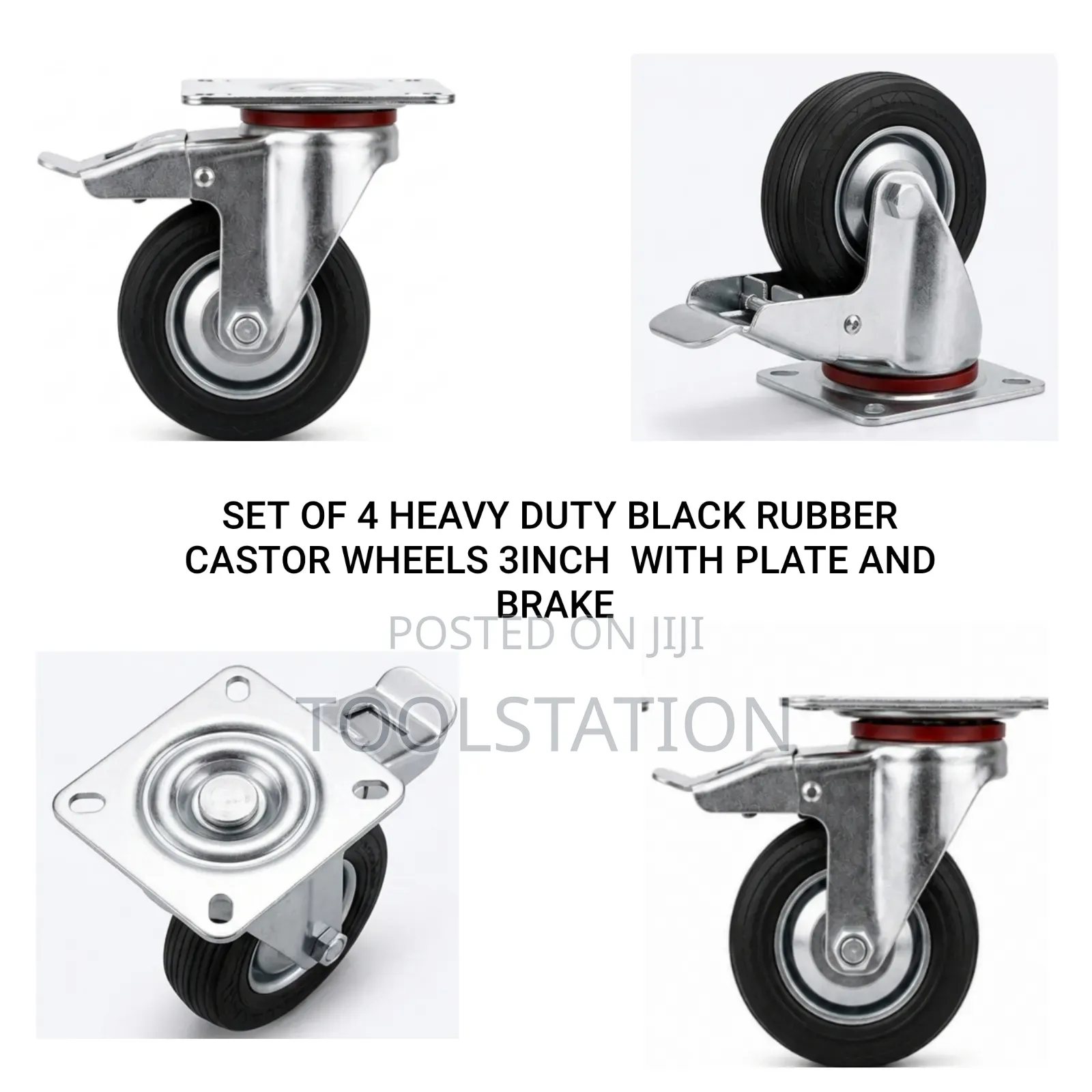 Heavy-duty Black Rubber Castor Wheels 3 Inch With Plate And Brake