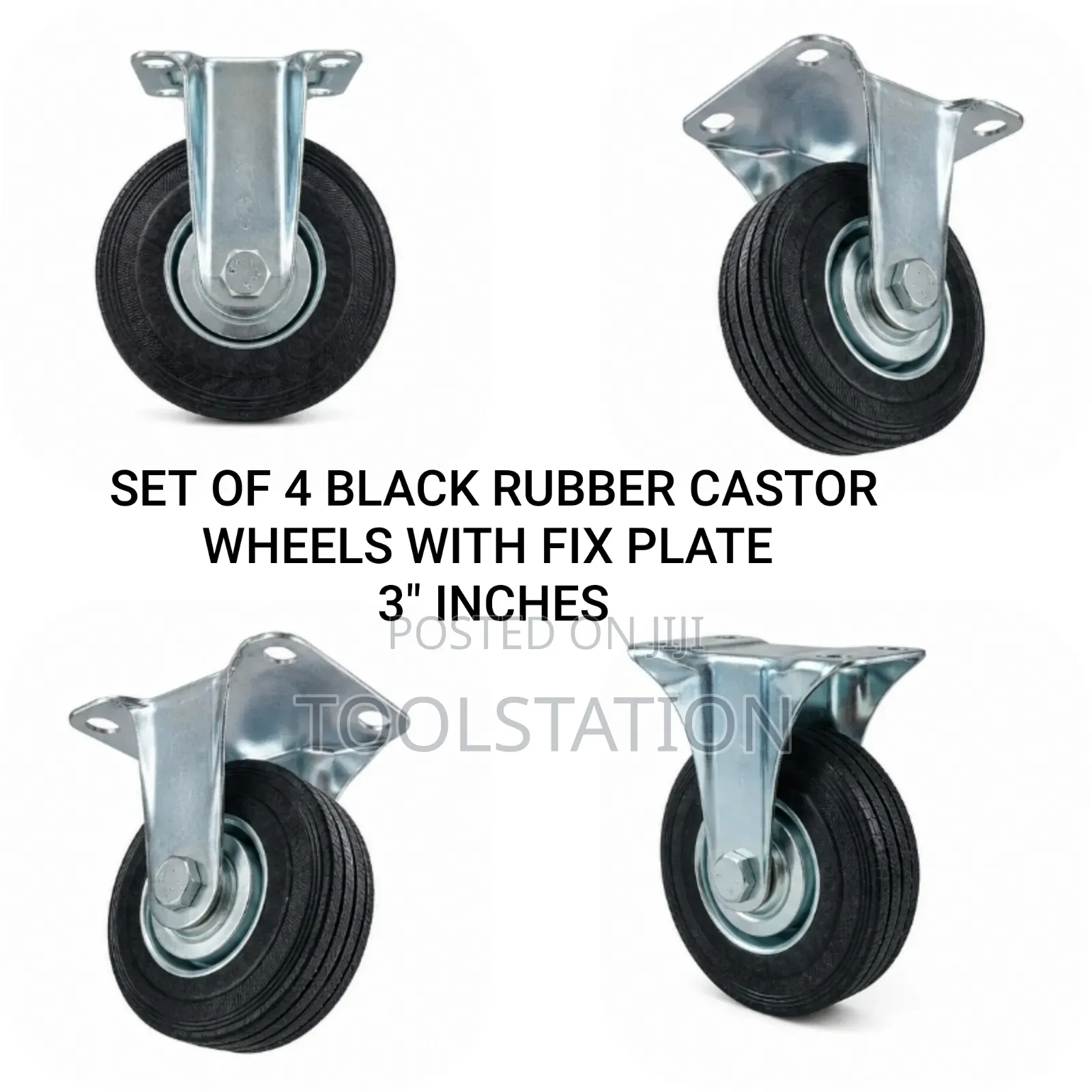 Black Rubber Castor Wheels 3 Inch With Fix Plate Set of 4