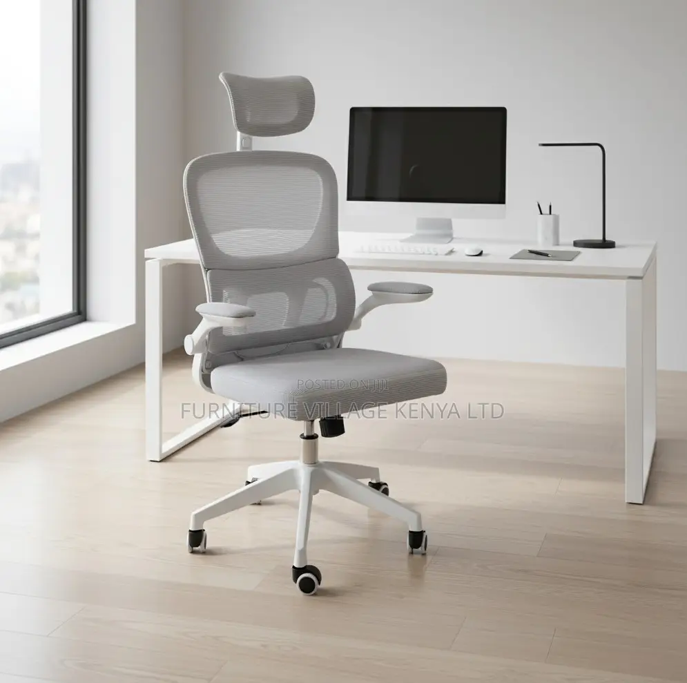 Grey Office Mesh Chair With Adjustable Headrest