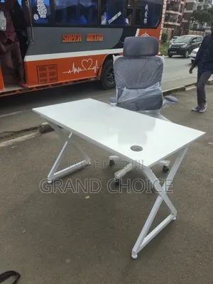 Metallic White Office Table With White Ergonomic Office Chair