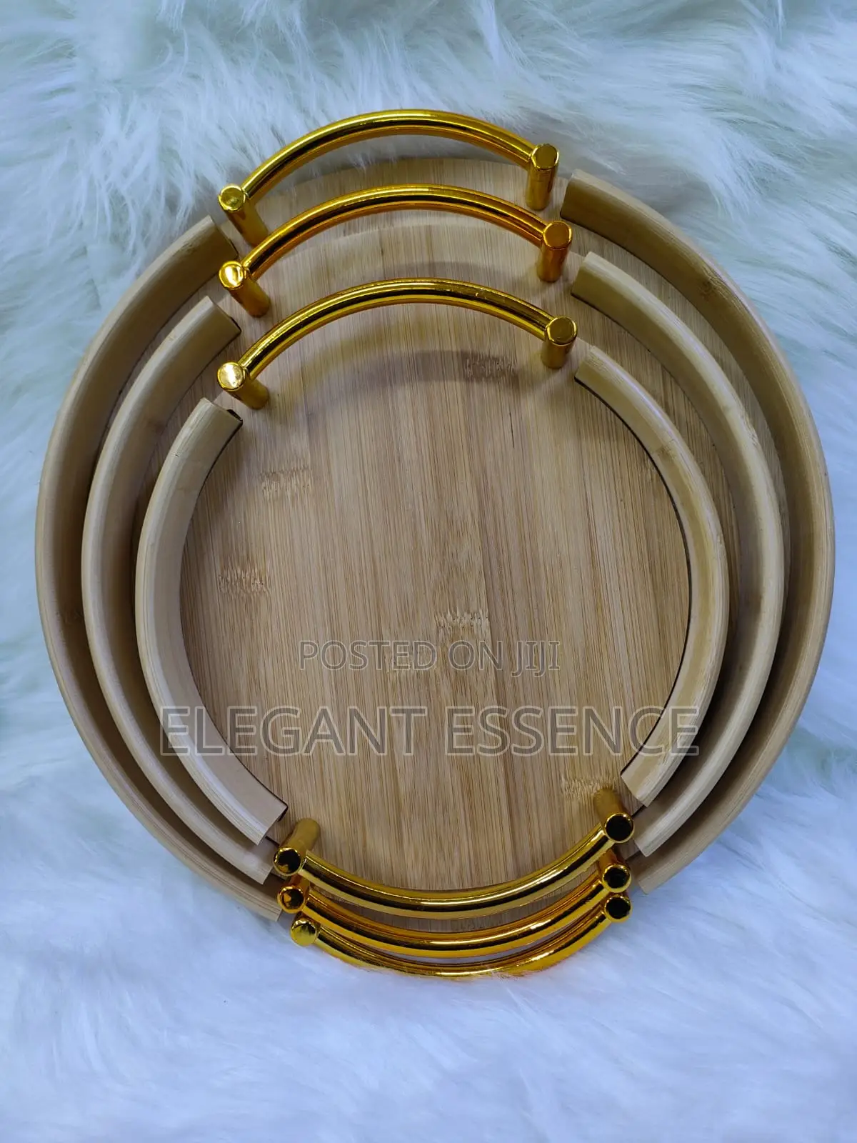 3pcs Bamboo Round Trays With Gold Handles
