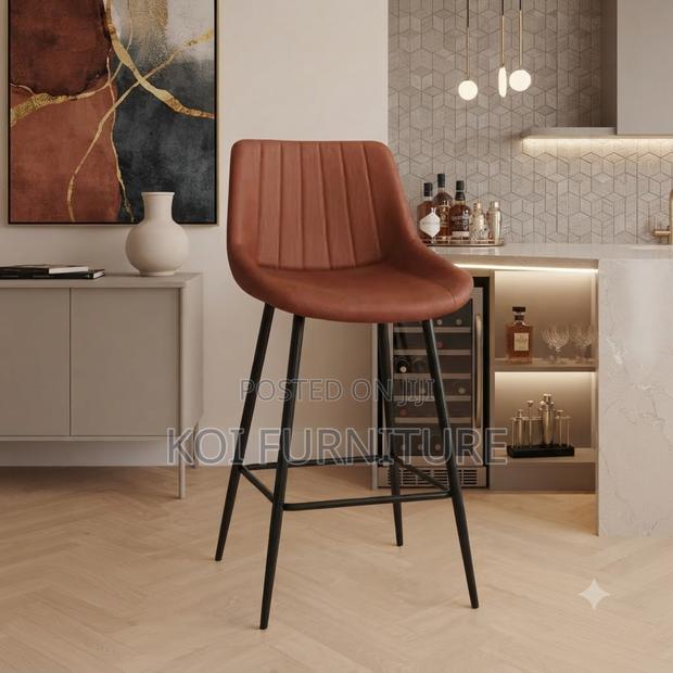 Barstools; Non Swivel Leather Barstool With Mid Backrest - thumbnail 2