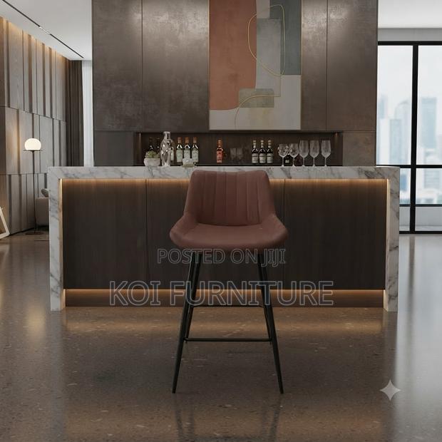 Barstools; Non Swivel Leather Barstool With Mid Backrest - thumbnail 3