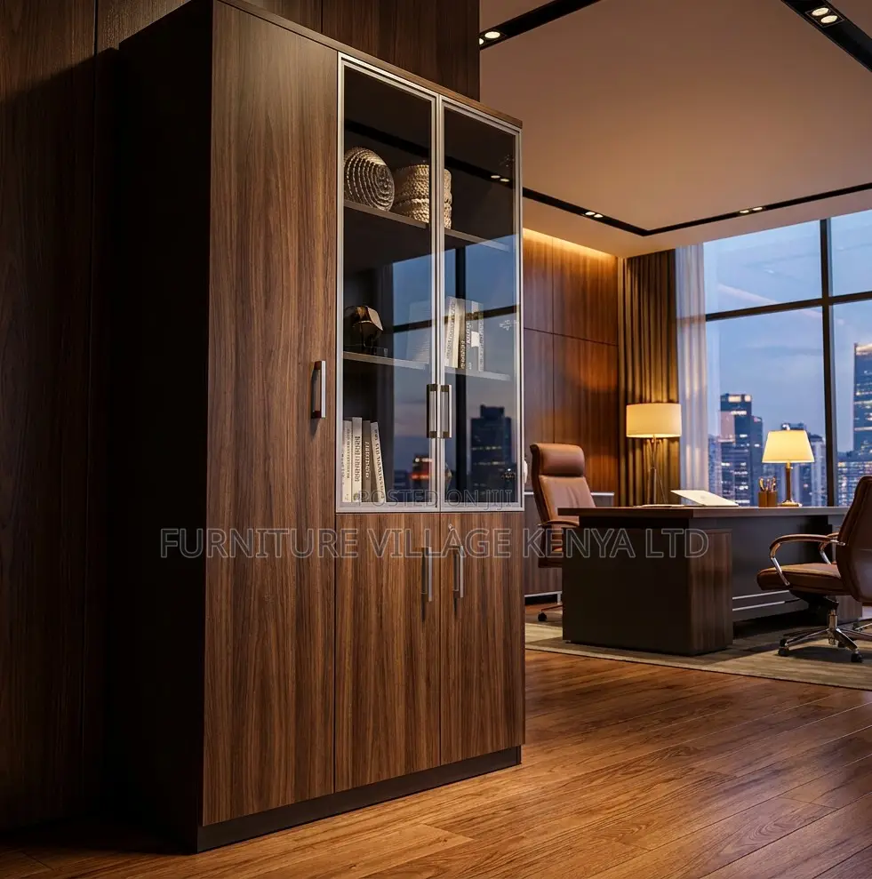3-Door Full Wooden Office Cabinet With Glass