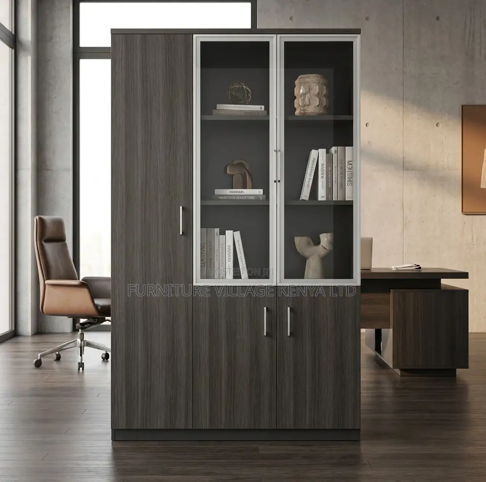3-Door Full Wooden Office Cabinet With Glass