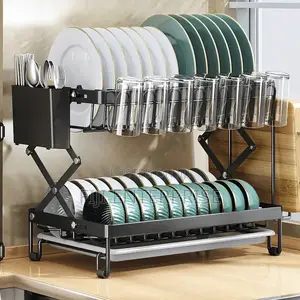 2-Tier Dish Rack With Cutlery Chopping Board Holder Carbon Steel