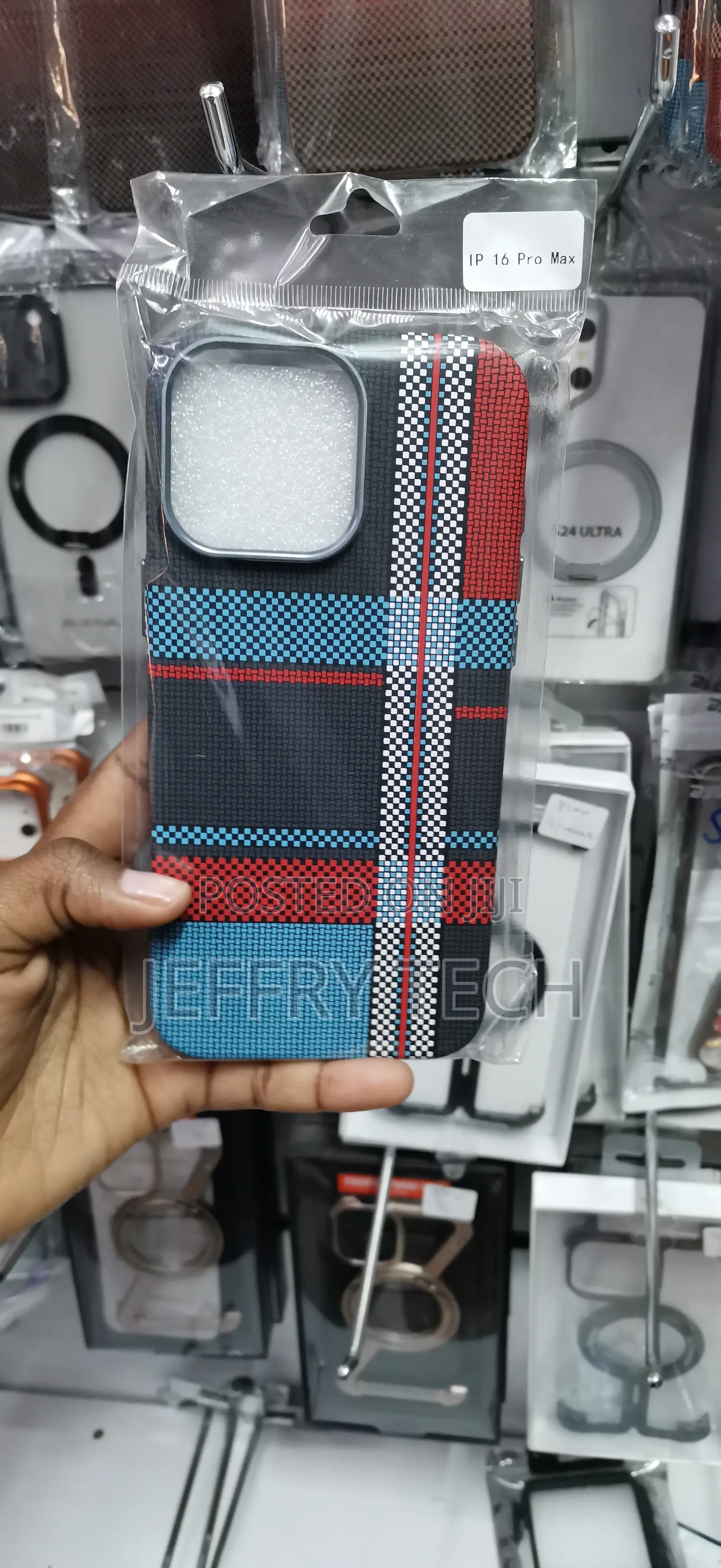 iPhone 16 Pro Max Distinct Blue, Red, and Black Plaid Pattern Cover
