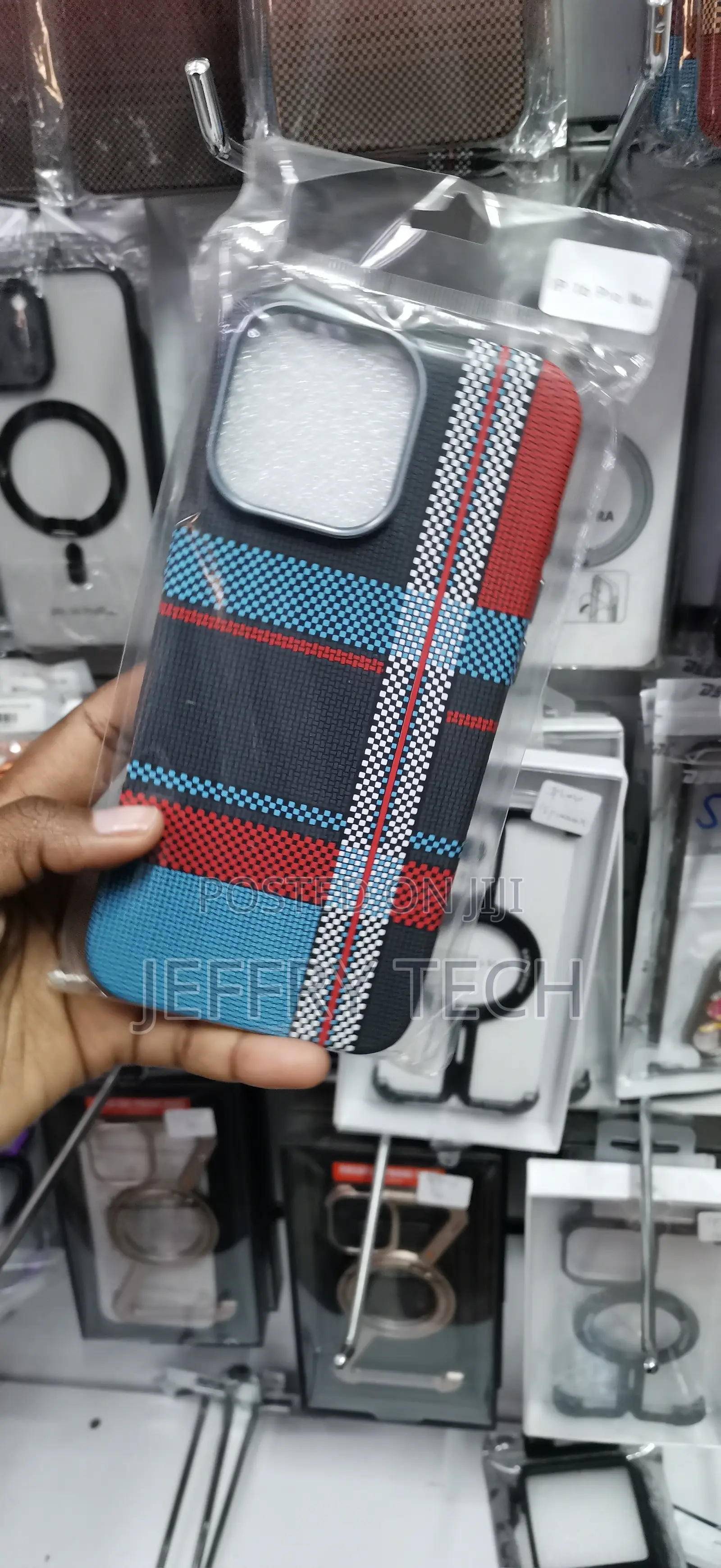 iPhone 16 Pro Max Distinct Blue, Red, and Black Plaid Pattern Cover