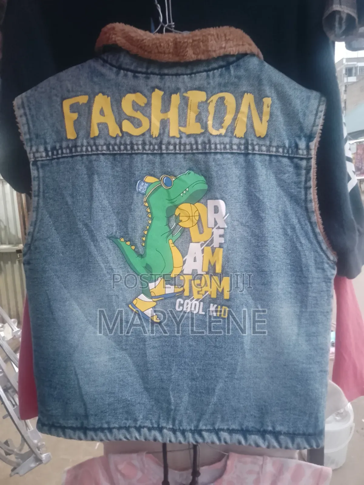 Kids Fleece Lined Sleeveless Denim Vest With Dinosaur Graphic Blue