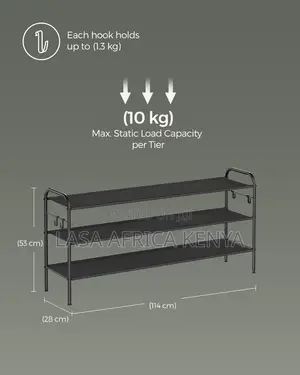Lasa 3-Tier Shoe Rack With Hooks - Fabric Shelv.