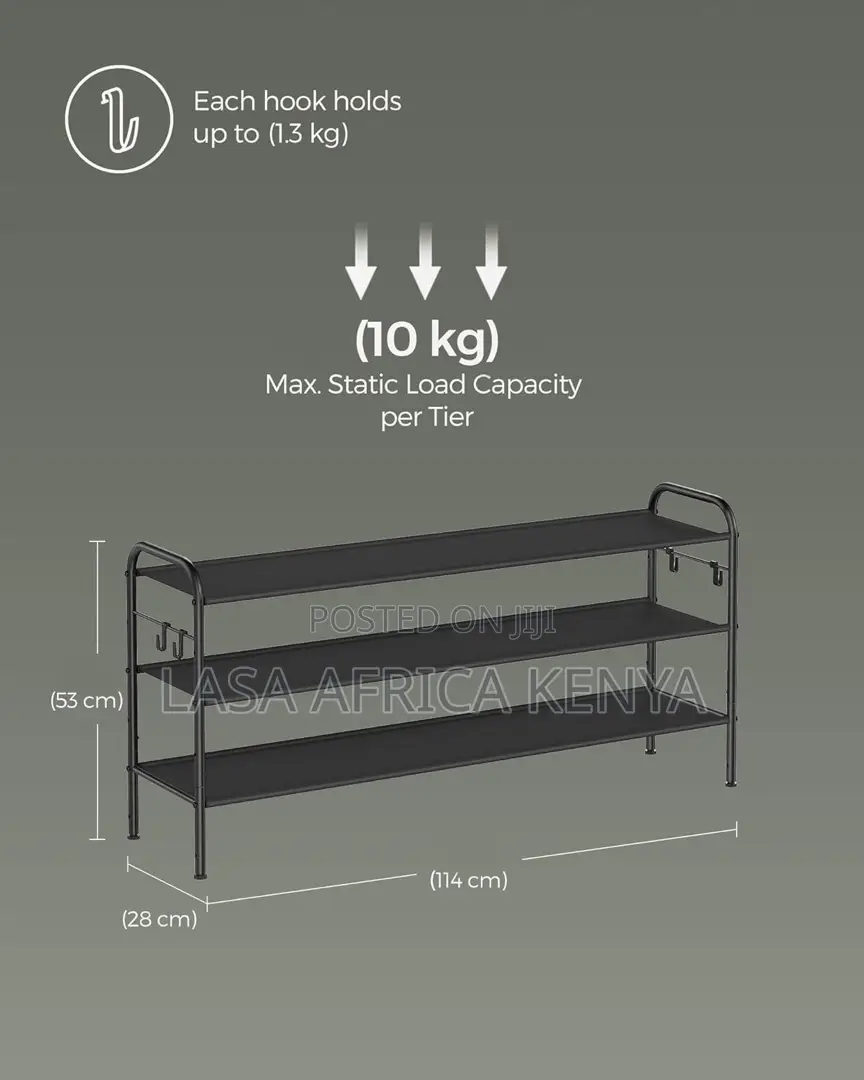 Lasa 3-Tier Shoe Rack With Hooks - Fabric Shelv.