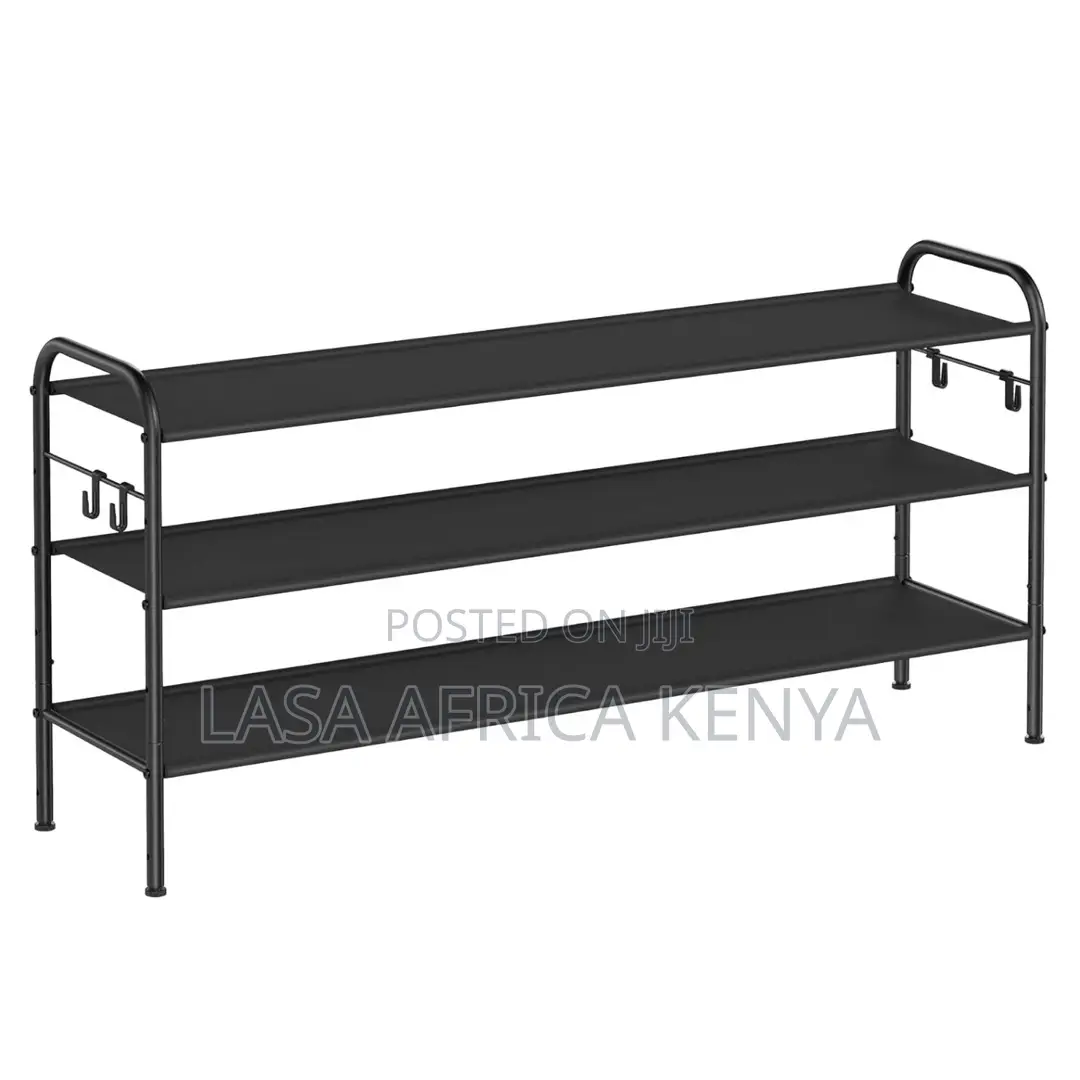 Lasa 3-Tier Shoe Rack With Hooks - Fabric Shelv.