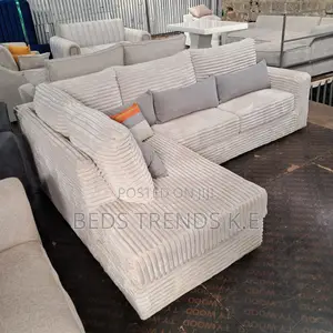 6-Seater White Corduroy L-Shaped Sofa With Cushions