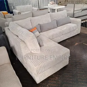 6-Seater White Corduroy L-Shaped Sofa With Cushions