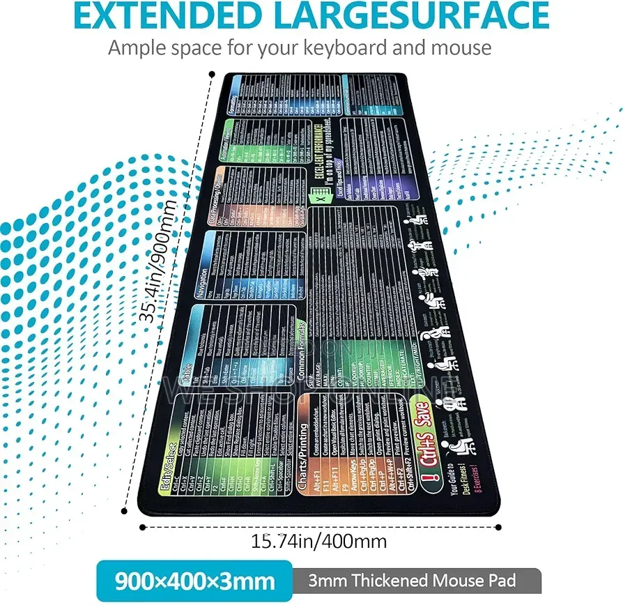 Excel Cheat Sheet Mouse Pad, 30*60 Cm