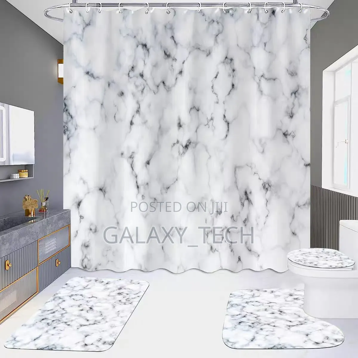 4pcs Bathroom Set – Matching Shower Curtain, Rugs, and Toilet Cover