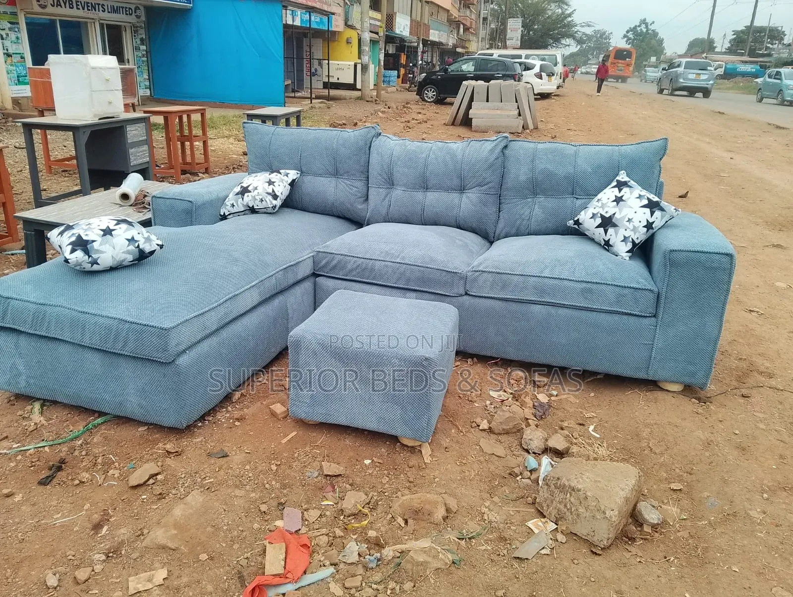 Steel Blue 5 Seater Corner Sofa With Ottoman