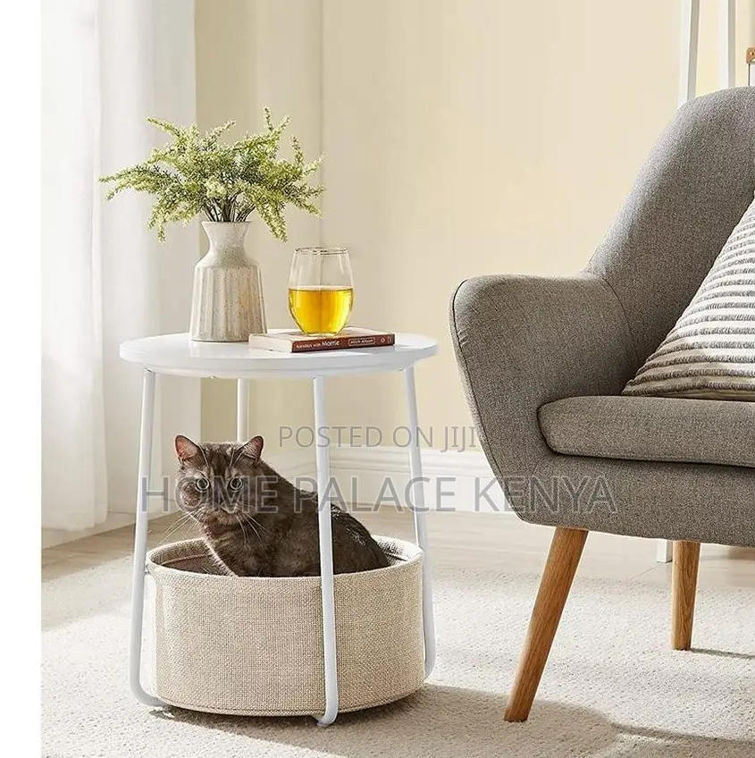 Side Table: Decorative Side Table With Polyester Beige Basket