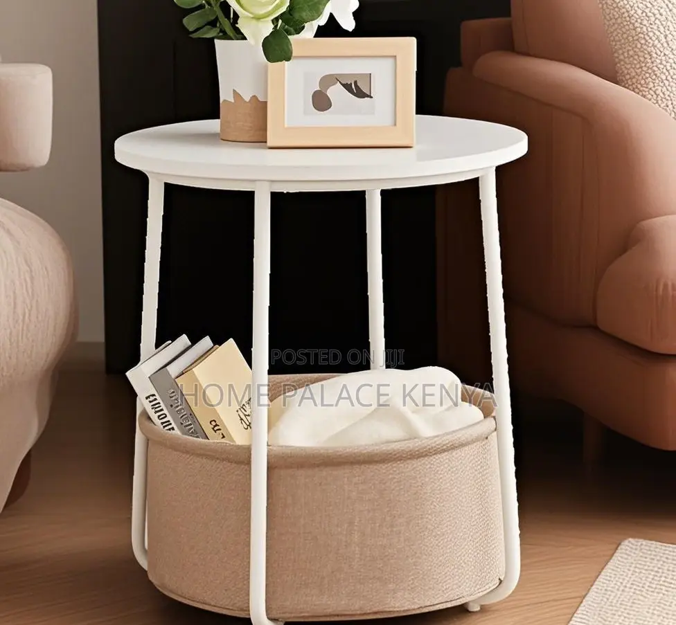Side Table: Decorative Side Table With Polyester Beige Basket