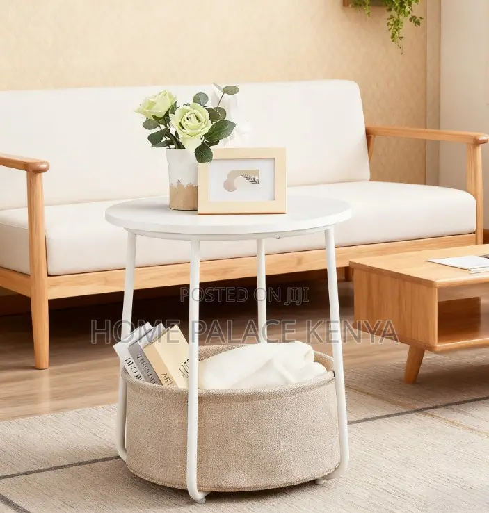 Side Table: Decorative Side Table With Polyester Beige Basket