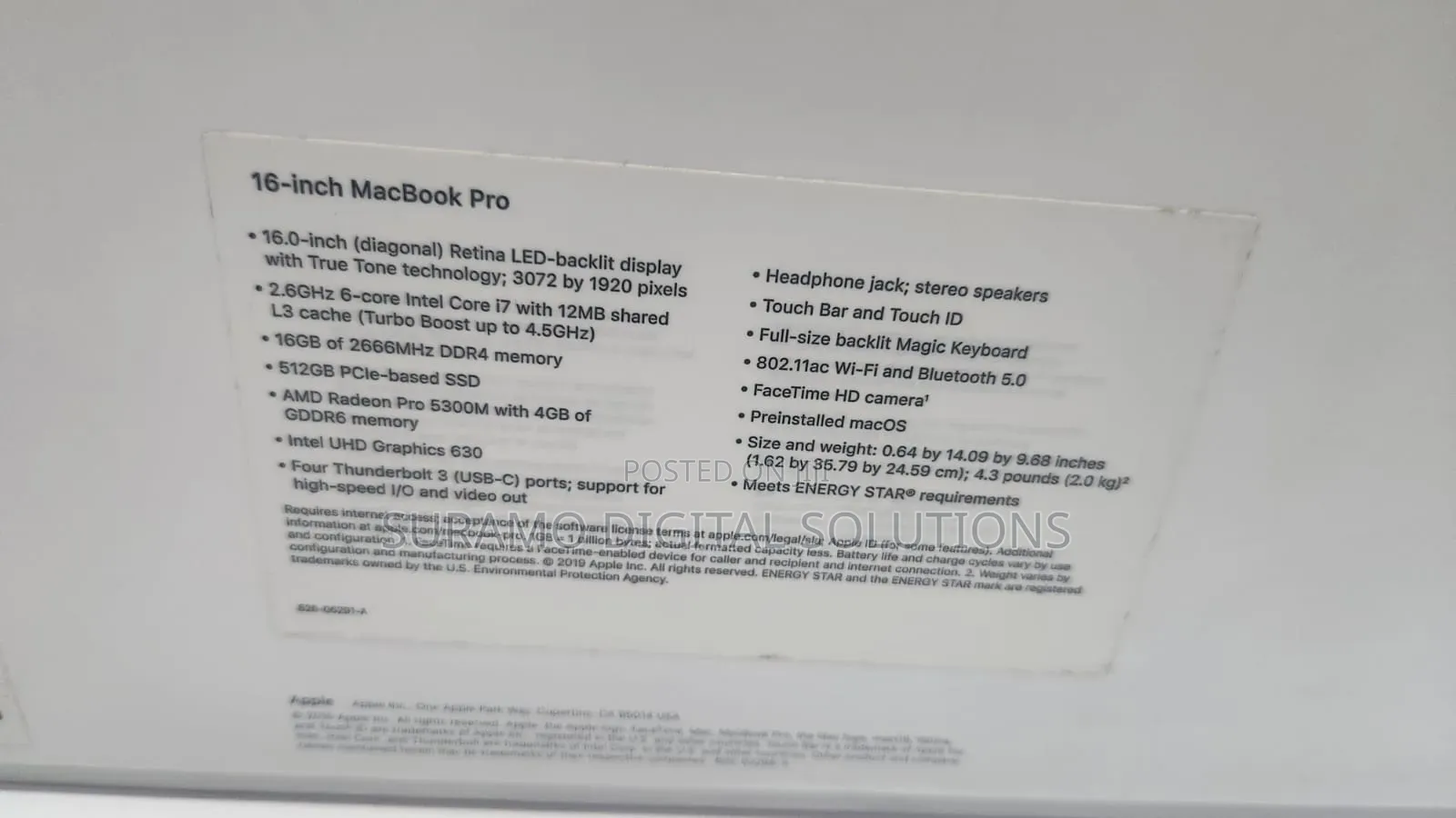 Laptop Apple MacBook Pro 2019 16GB Intel Core i7 SSD 512GB