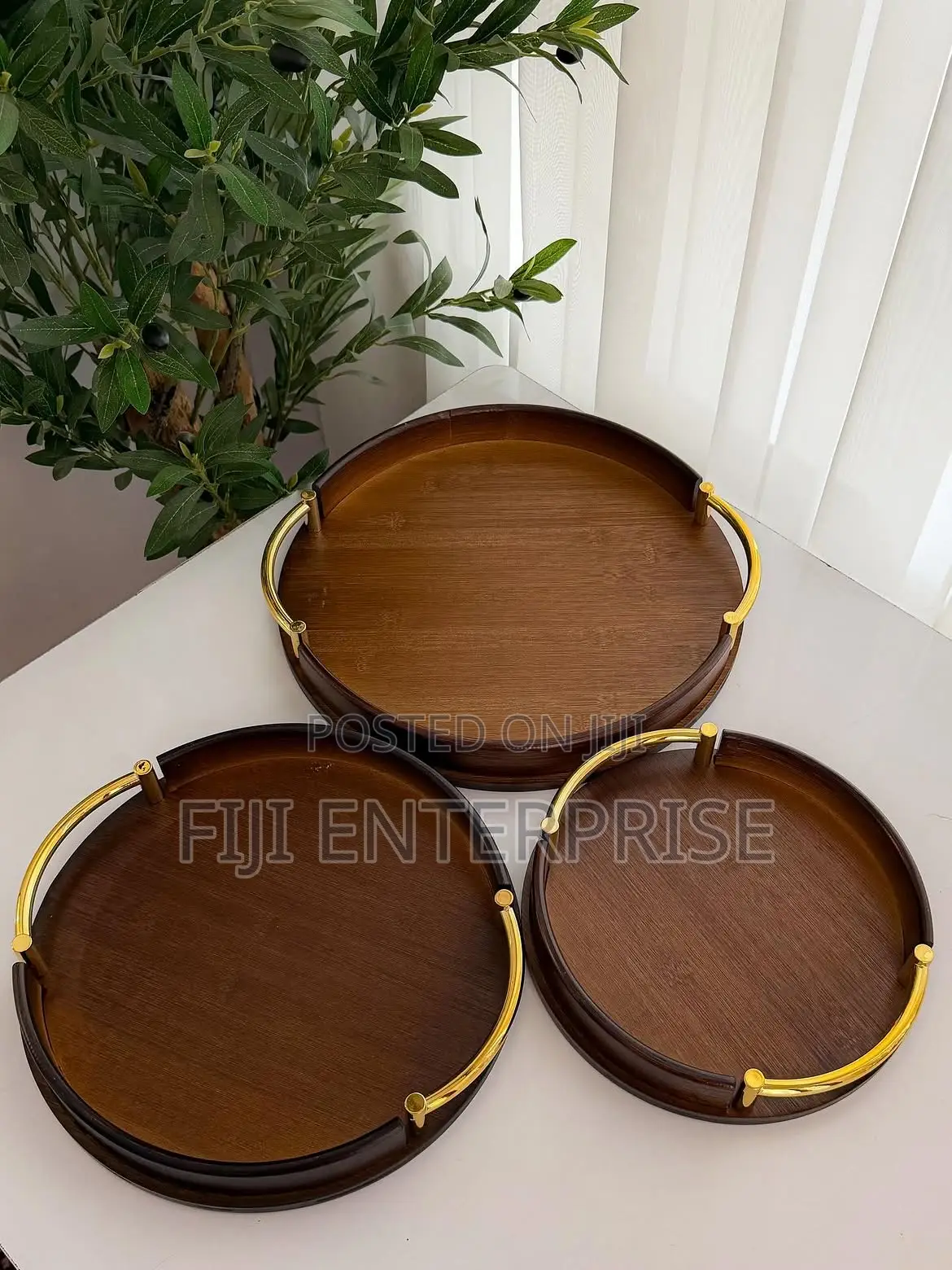 Round Bamboo Wooden Serving Tray With Metal Handles – Multi-Purpose