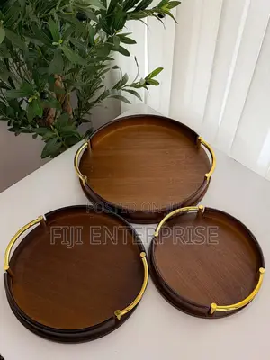 Round Bamboo Wooden Serving Tray With Metal Handles – Multi-Purpose