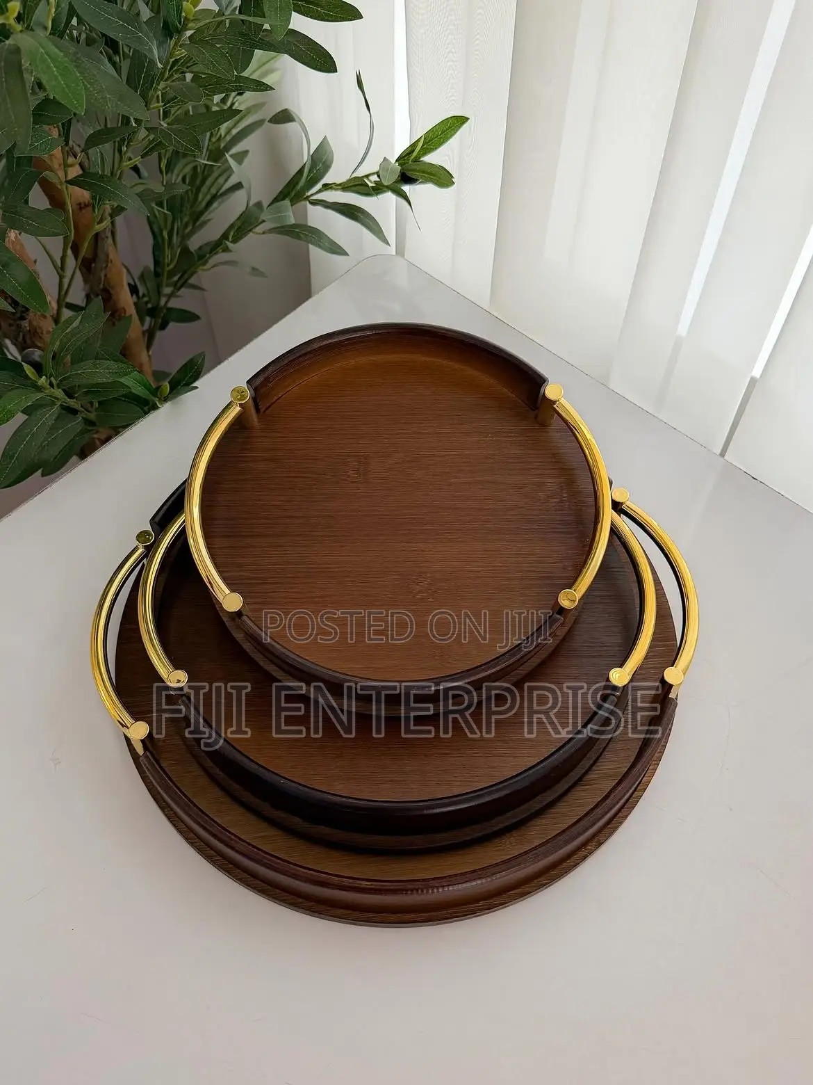 Round Bamboo Wooden Serving Tray With Metal Handles – Multi-Purpose