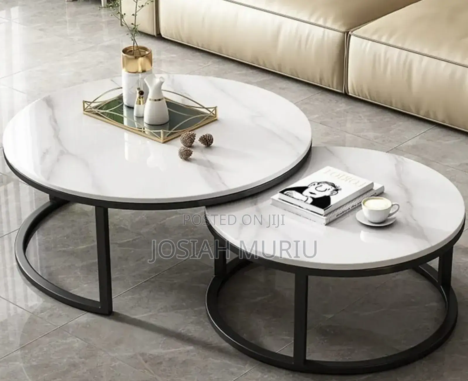 Modern Luxury 2in1 Pure Marble Nesting Tables With Black Stand New