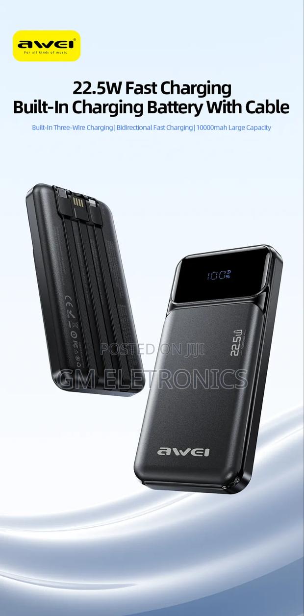 Awei Pa-91 Fast Charge 22.5w 10000mah Power Bank- Attached Cable Led