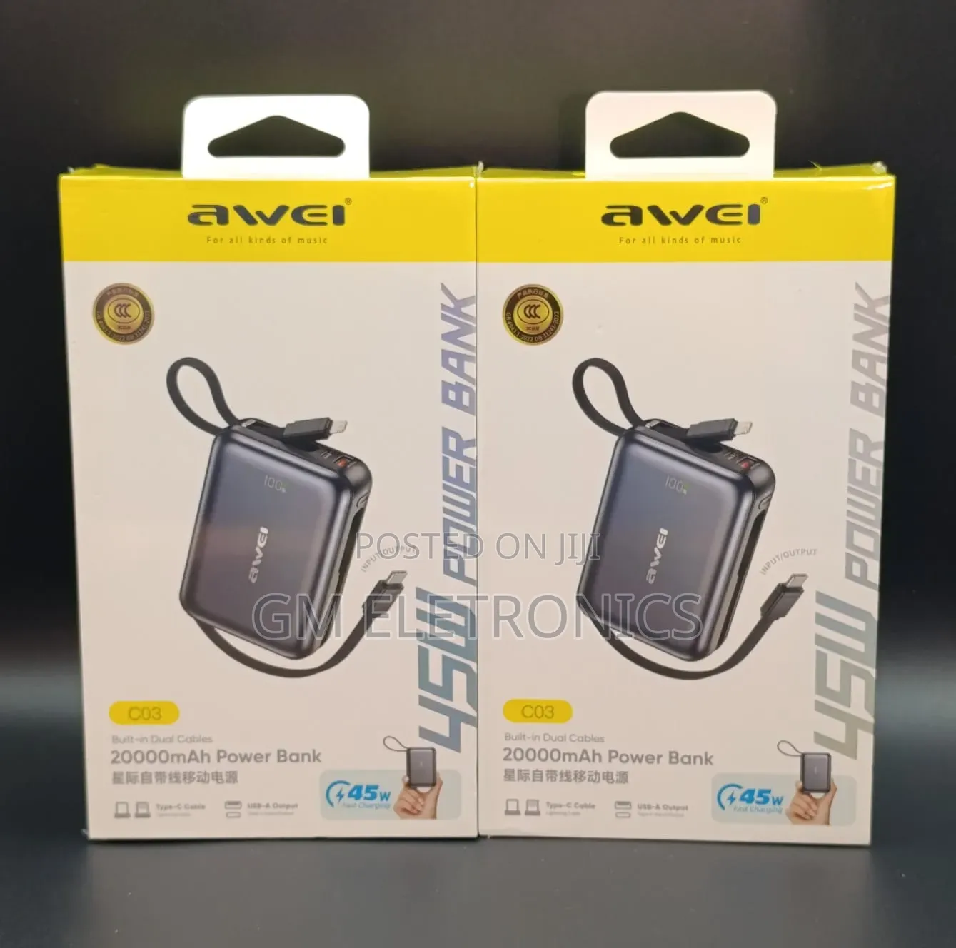 Awei C03 Fast Charging 45w 20000mah Power Bank With Attached Cables