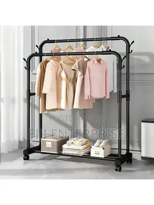 Double Pole Clothing Rack With Wheels Lower Storage Shelf