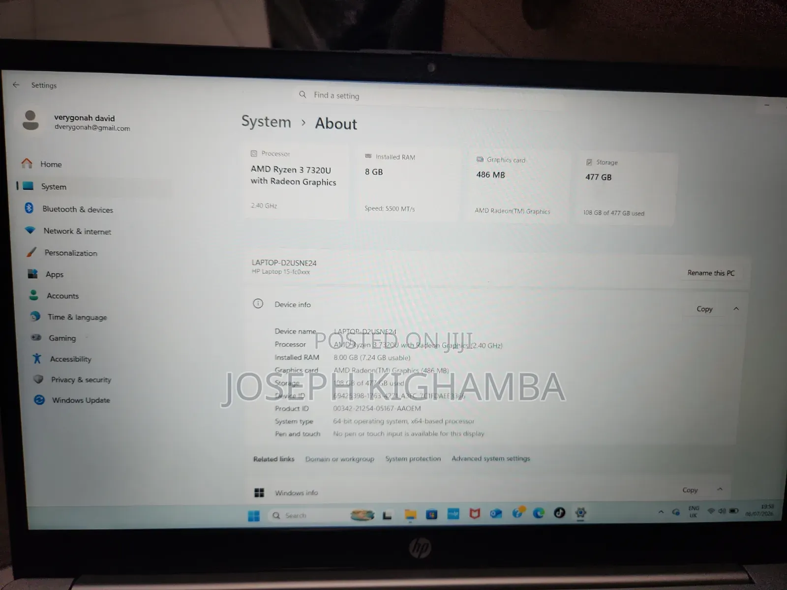 Laptop HP 8GB AMD Ryzen 3 SSD 500GB