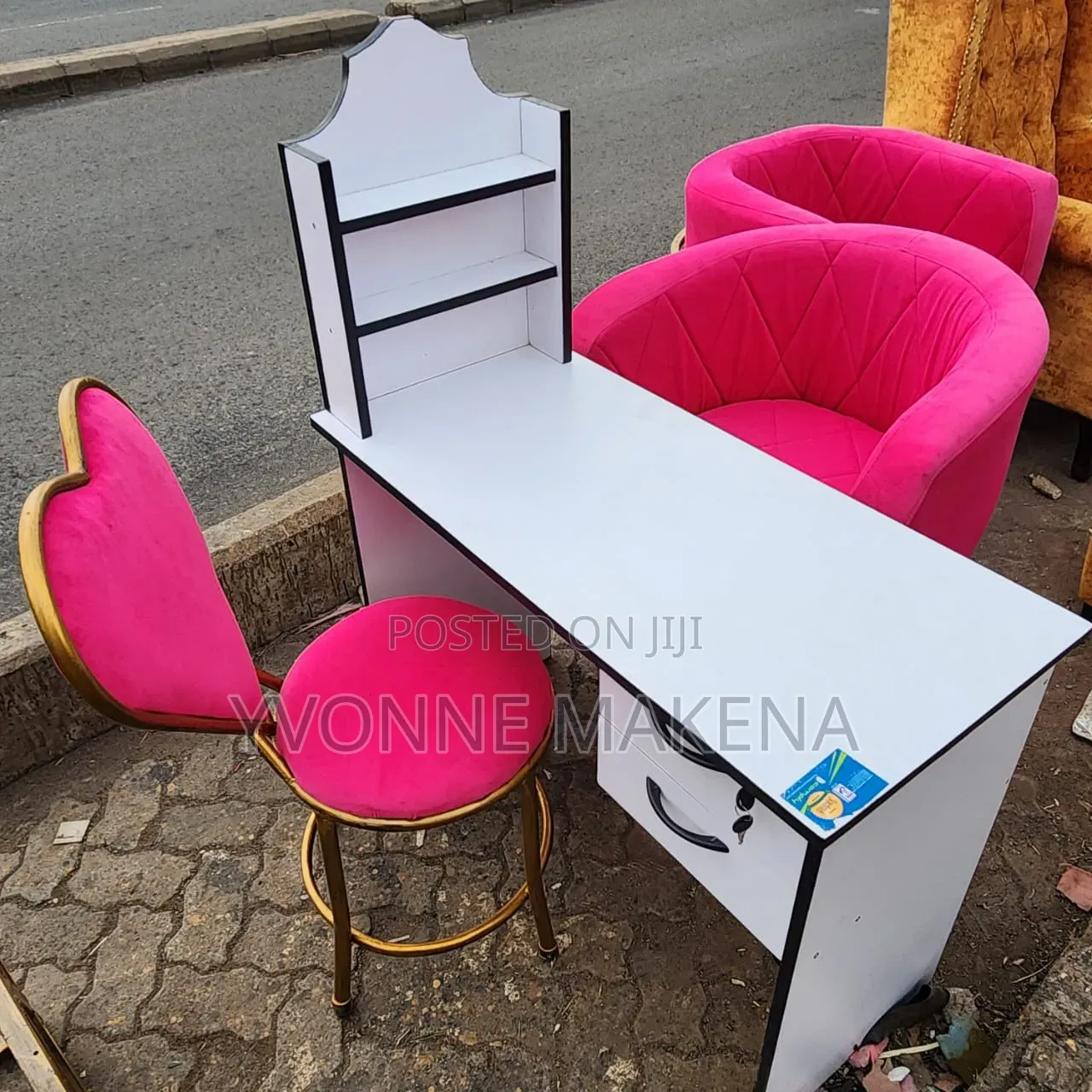 Manicure Table With Shelves and Chairs