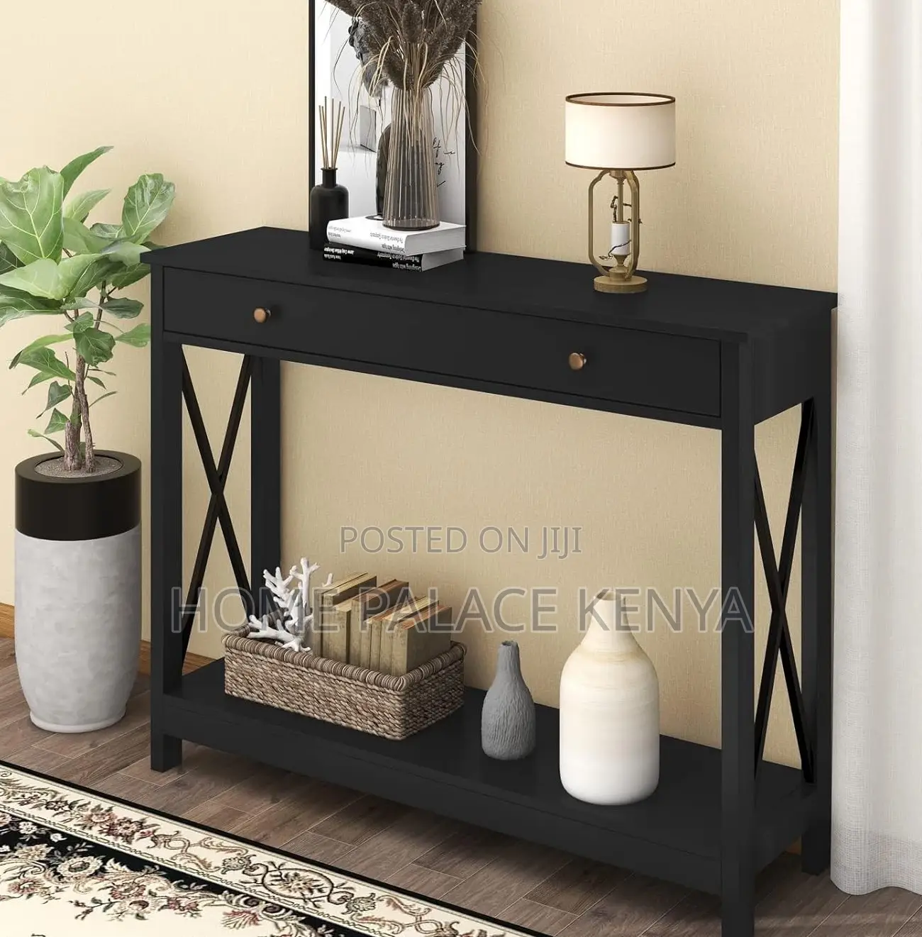 Console Table: Black Wooden Double Layer Hallway Console