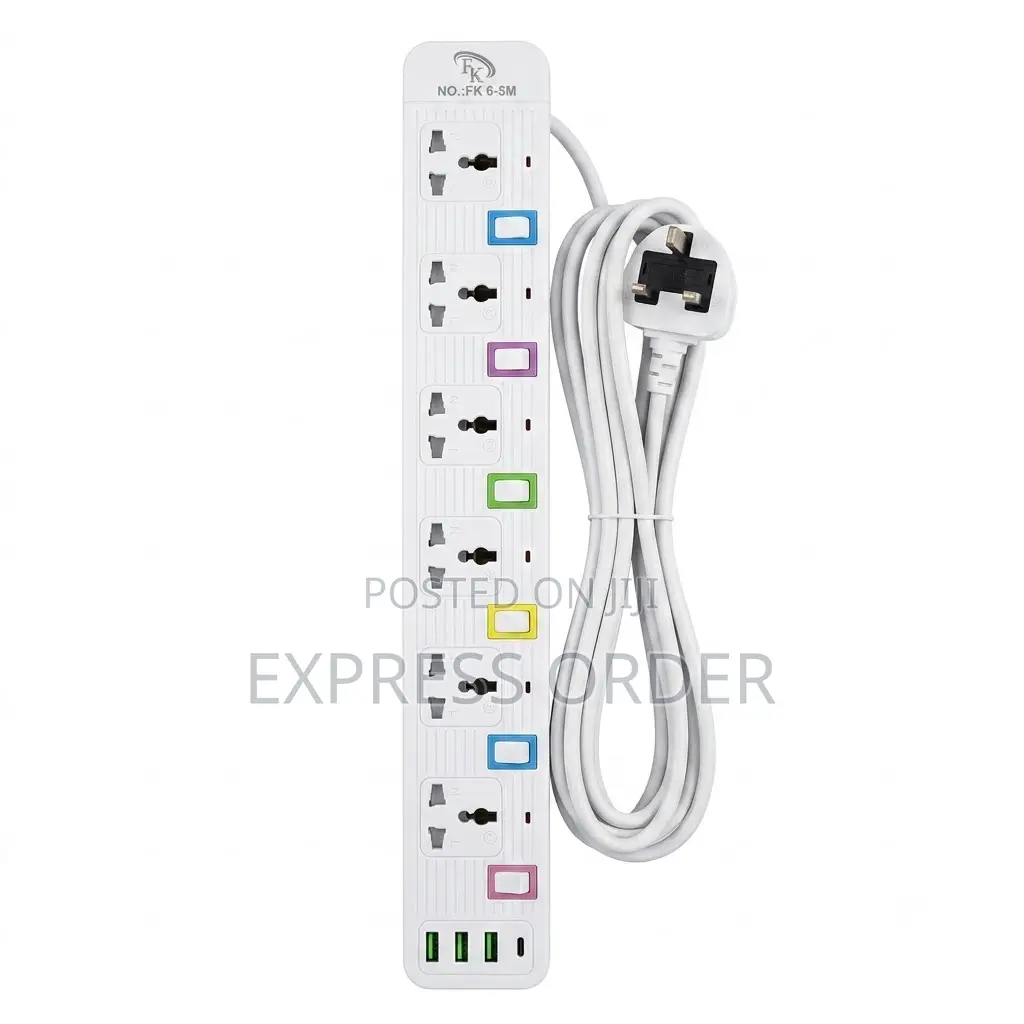 Fk 6-5m 6-Way Extension Socket With Usb Type-C Ports 5m New