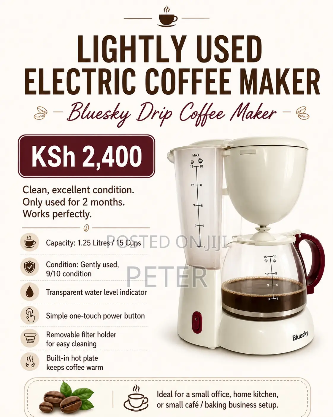 Lightly Used Electric Coffee Maker (1.25l / 15 Cups) – KSH 2,400