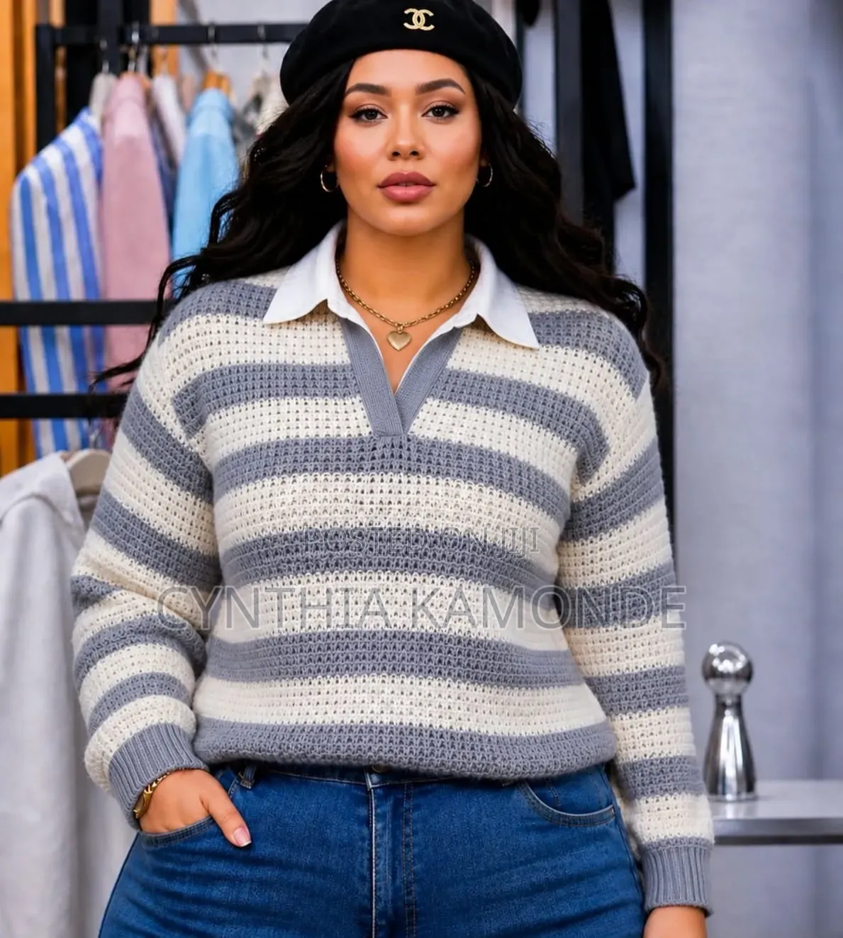Stripped Collar Knitted Sweater