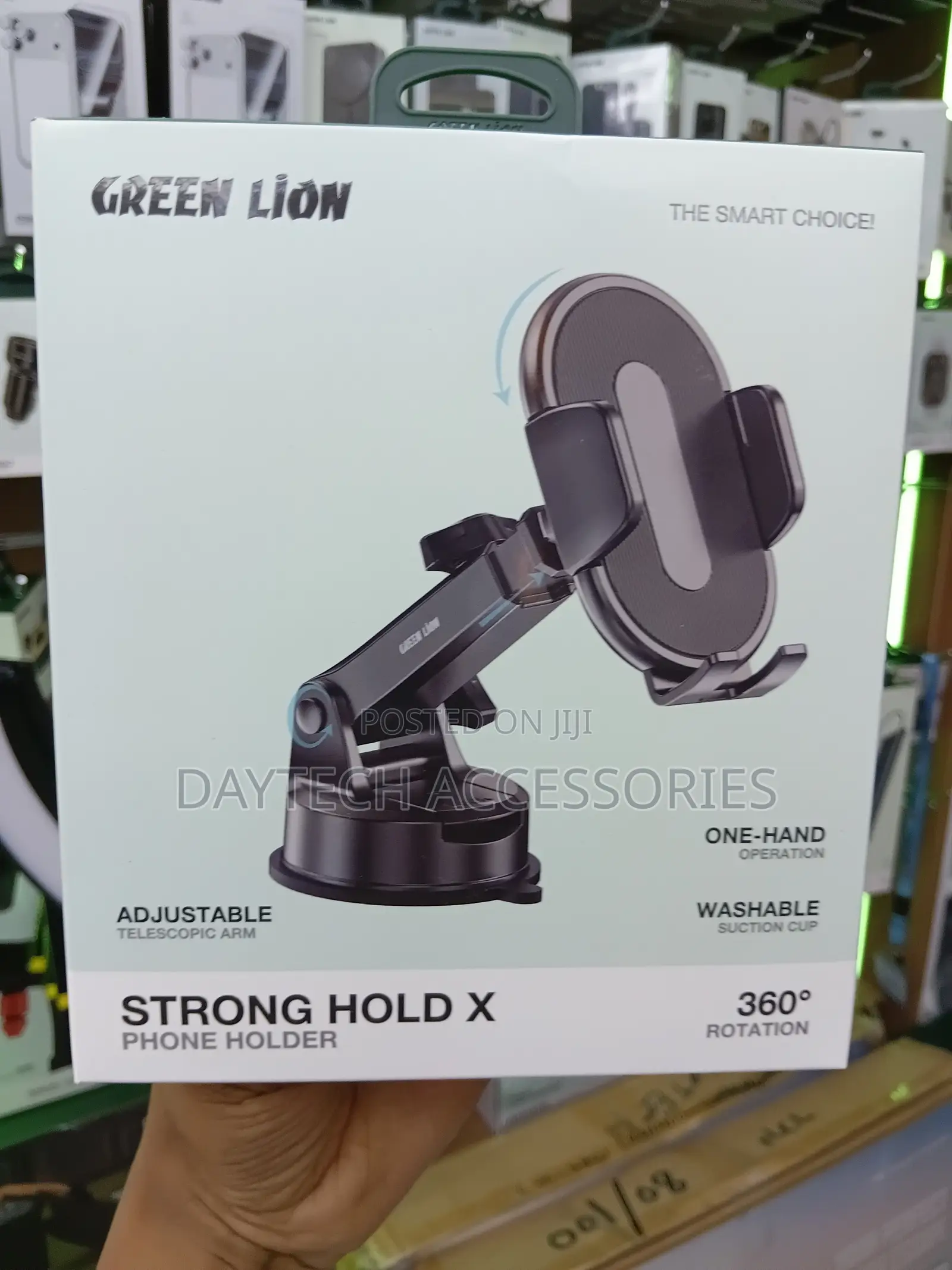This Is a Green Lion Strong Hold X Car Phone Holder.