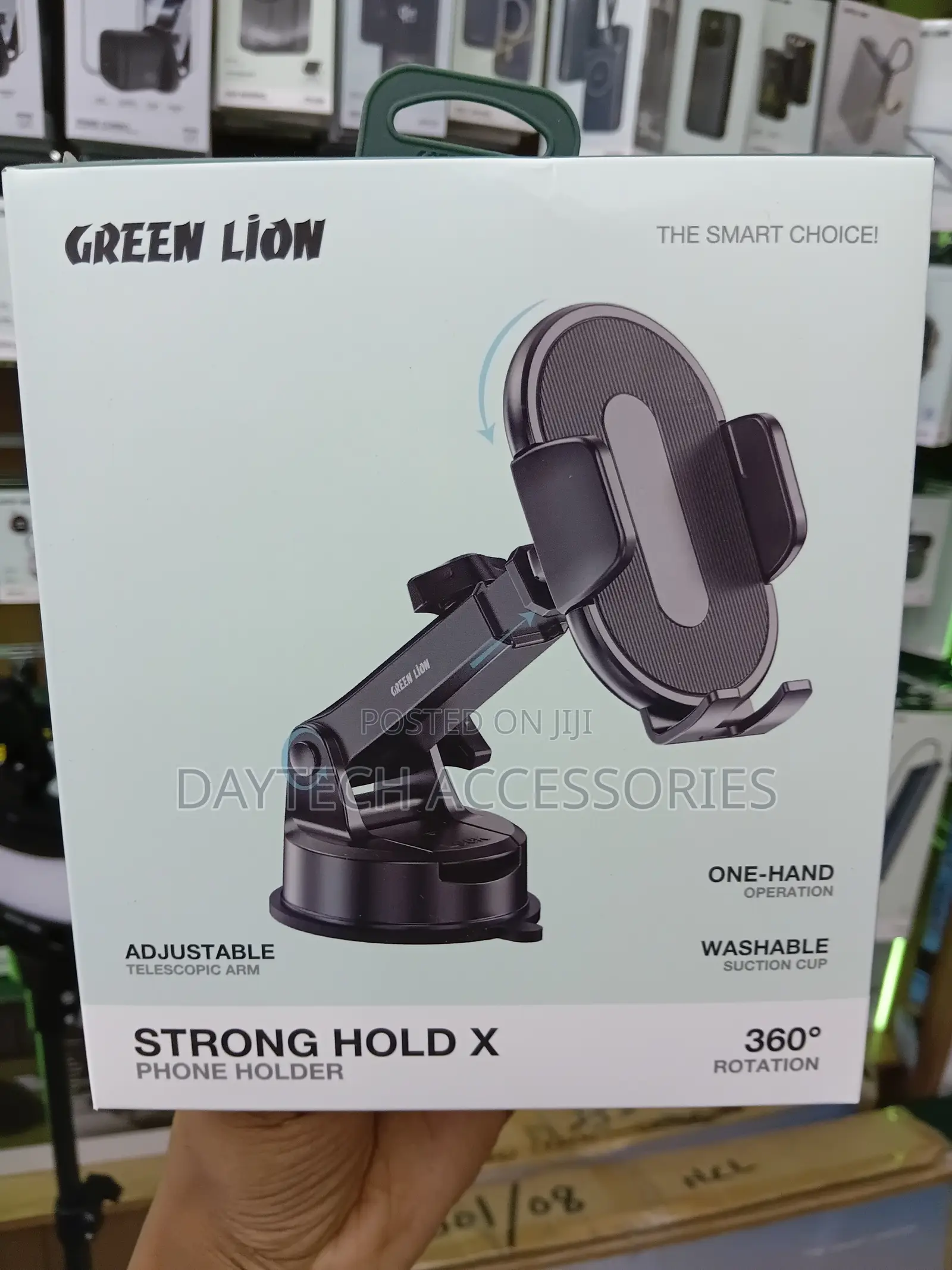 This Is a Green Lion Strong Hold X Car Phone Holder.