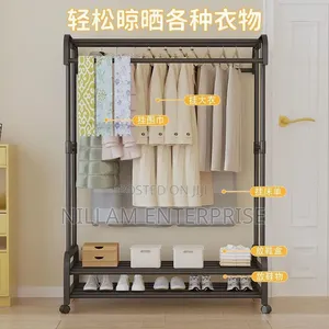 Double Pole Wheeled Multifunctional Clothes Drying Rack,