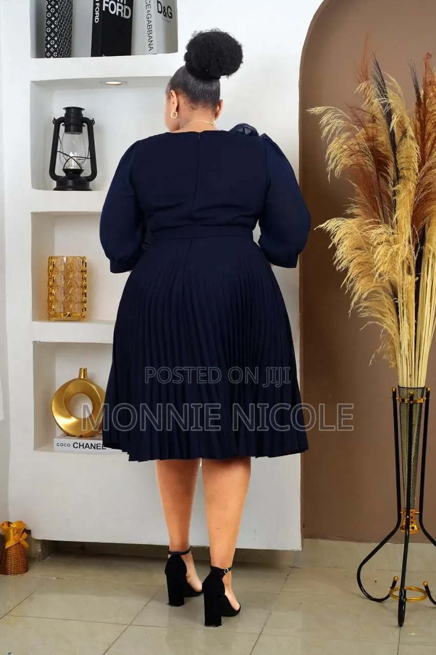 Fashion Beautiful Pleated Round Navy Blue Dress.