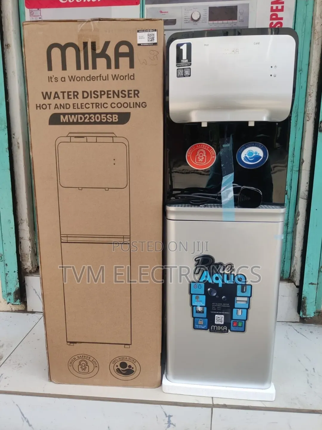 Mika Water Dispenser, Standing Hot Cold With Cabinet, Black Silver