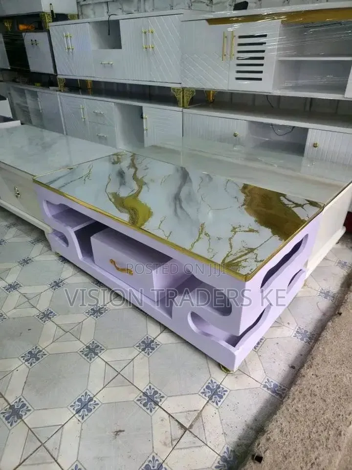 Executive White Coffee Table Gold Marble Top With Drawer