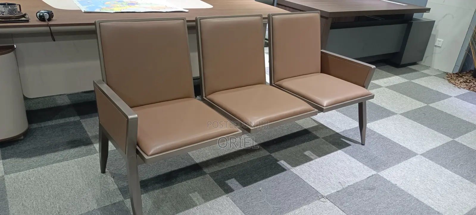 Office Bench : 3-Seater Brown Office Waiting Bench