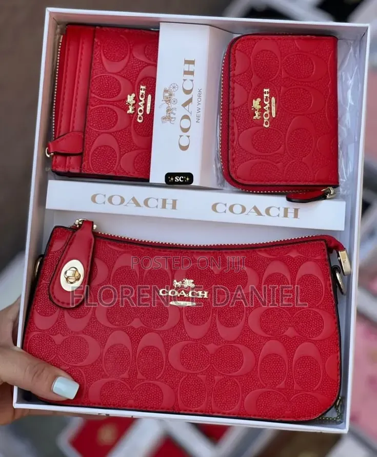 Coach 3-in-1 Ladies Handbag Wallet Gift Set – Red and Brown